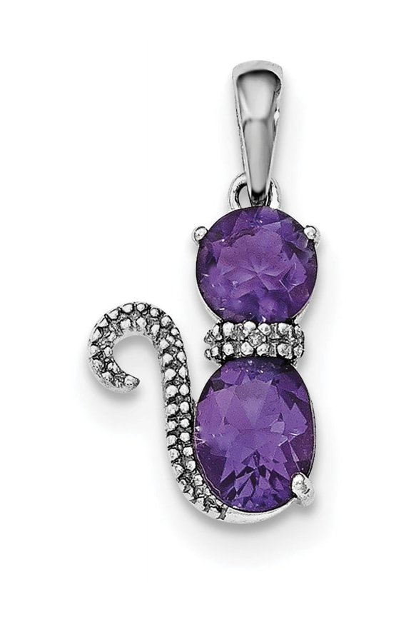 925 Sterling Silver Rhodium-plated Amethyst and Diamond Cat Pendant / Charm
