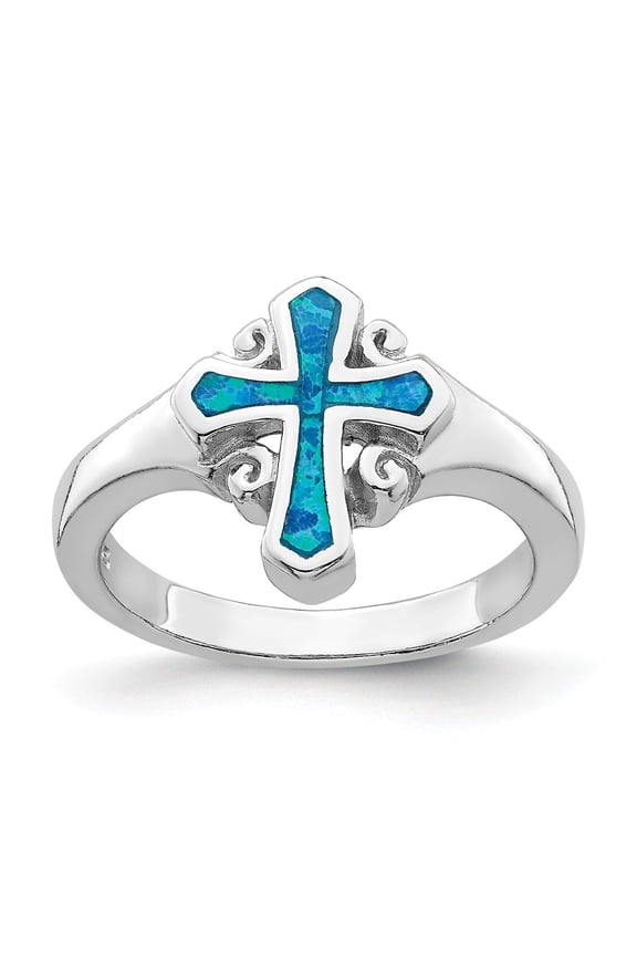 925 Sterling Silver Rhodium-plated Blue Inlay Created Opal Cross Ring Size: 6; for Adults and Teens; for Women and Men
