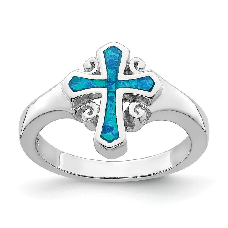 Sterling Silver Blue Created Opal Inlay Cross Ring Sterling Silver Blue Created Opal Inlay Cross Ring