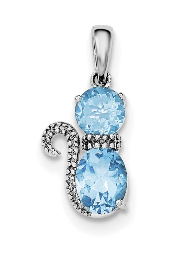 925 Sterling Silver Rhodium-plated Blue Topaz and Diamond Cat Pendant / Charm