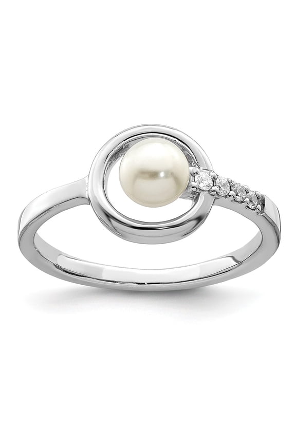 925 Sterling Silver Rhodium-plated CZ 5-6mm Button FWC Pearl in Circle Ring Size: 8; for Adults and Teens; for Women and Men