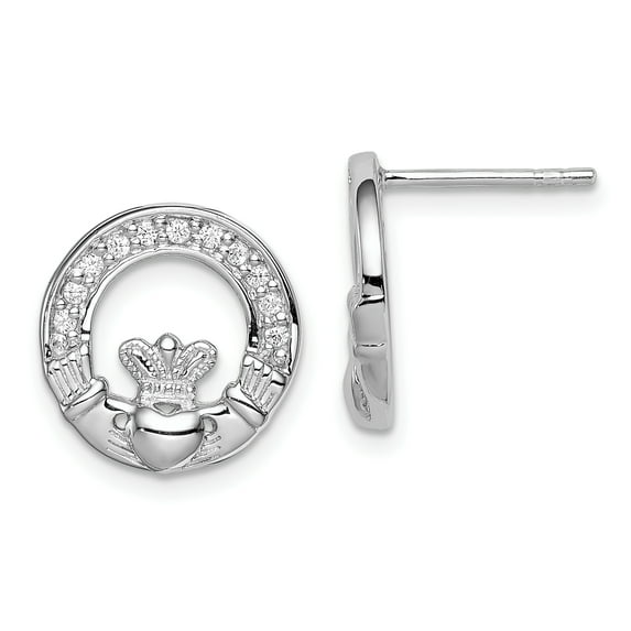 925 Sterling Silver Rhodium-plated CZ Claddagh Post Earrings