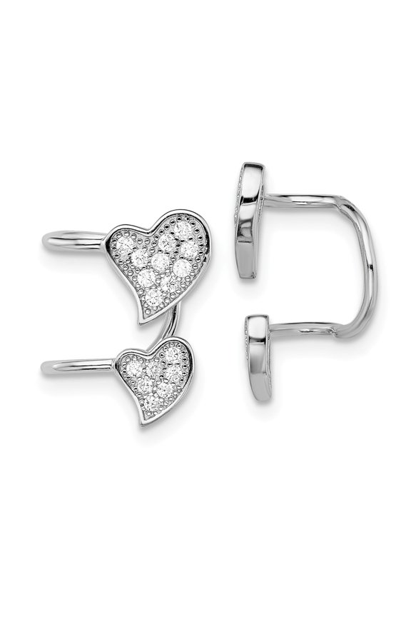 925 Sterling Silver Rhodium-plated CZ Double Heart Right Cuff Earring; for Adults and Teens; for Women and Men