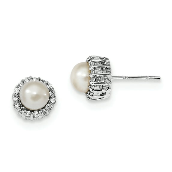 925 Sterling Silver Rhodium-plated CZ & Freshwater Cultured Pearl Post Earrings