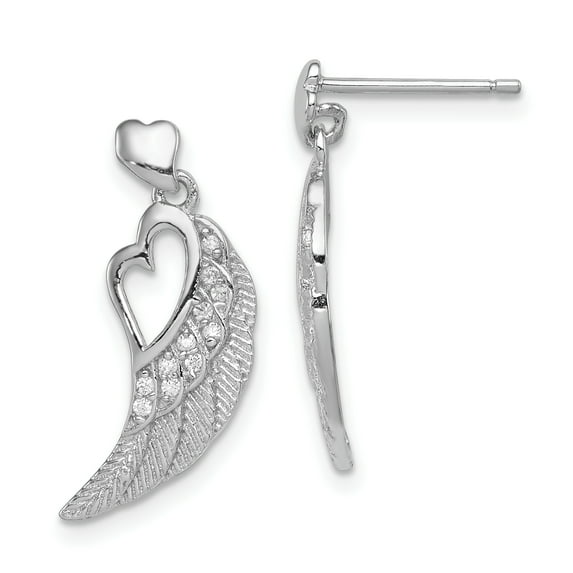 925 Sterling Silver Rhodium-plated CZ Open Heart on Wings Post Drop Earrings
