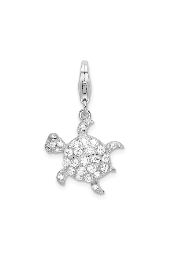 925 Sterling Silver Rhodium-plated CZ Sea Turtle with Lobster Clasp Charm Pendant; for Adults and Teens; for Women and Men
