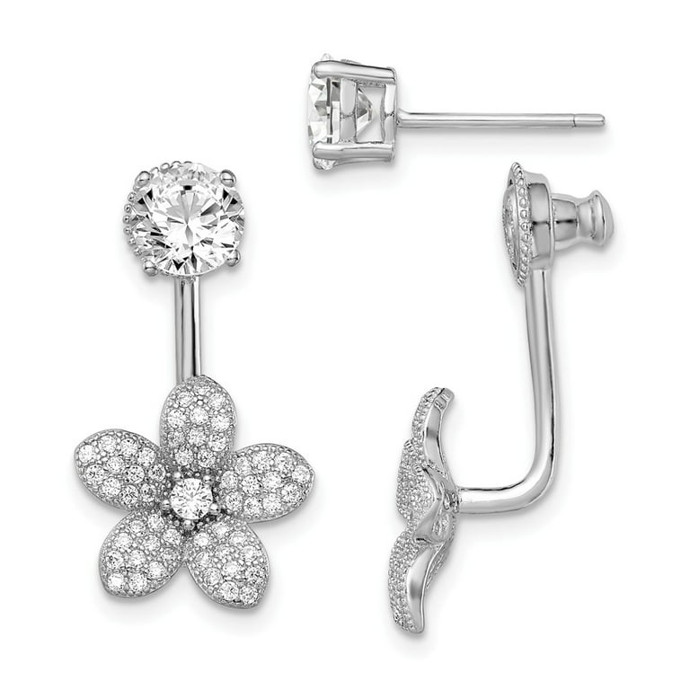 925 Sterling Silver Rhodium-plated CZ Studs With CZ Flower Jacket Earrings;  for Adults and Teens; for Women and Men