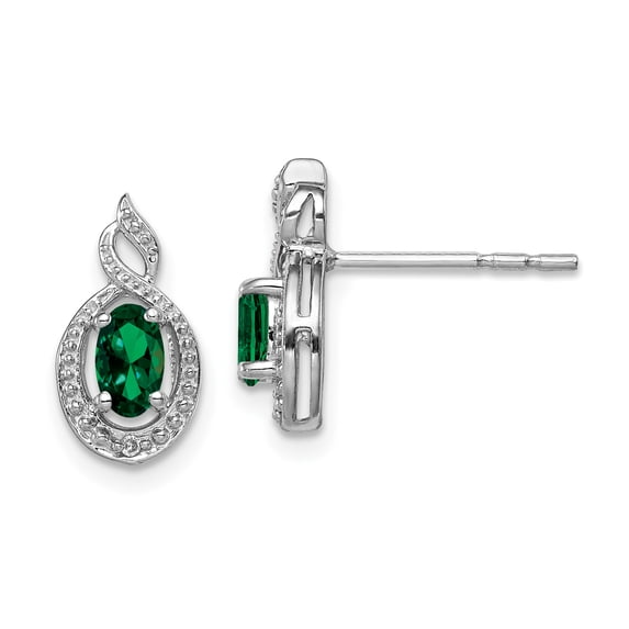 925 Sterling Silver Rhodium-plated Created Emerald and Diamond Earrings
