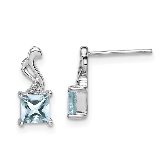 925 Sterling Silver Rhodium-plated Diamond Aquamarine Square Post Earrings