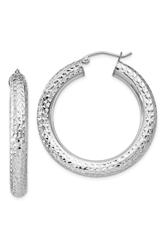 925 Sterling Silver Rhodium-plated Diamond Cut 4.75mm Hoop Earrings; for Adults and Teens; for Women and Men