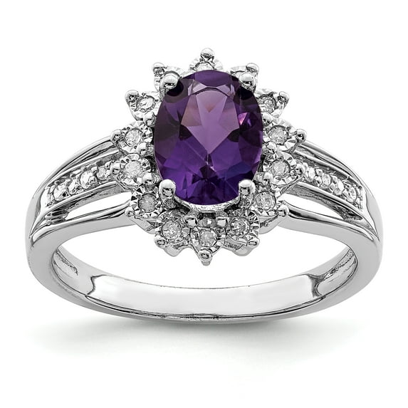 925 Sterling Silver Rhodium-plated Diamond and Oval Amethyst Ring Size 5