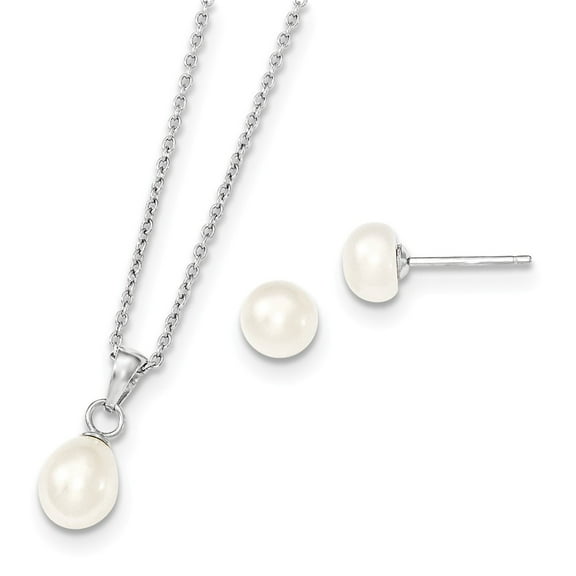 925 Sterling Silver Rhodium-plated FWC Pearl Necklace and Stud Ear Set; Lobster Clasp; for Adults and Teens; for Women and Men