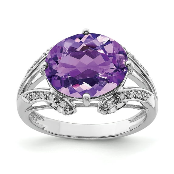 925 Sterling Silver Rhodium-plated Oval Amethyst and Diamond Ring Size 7