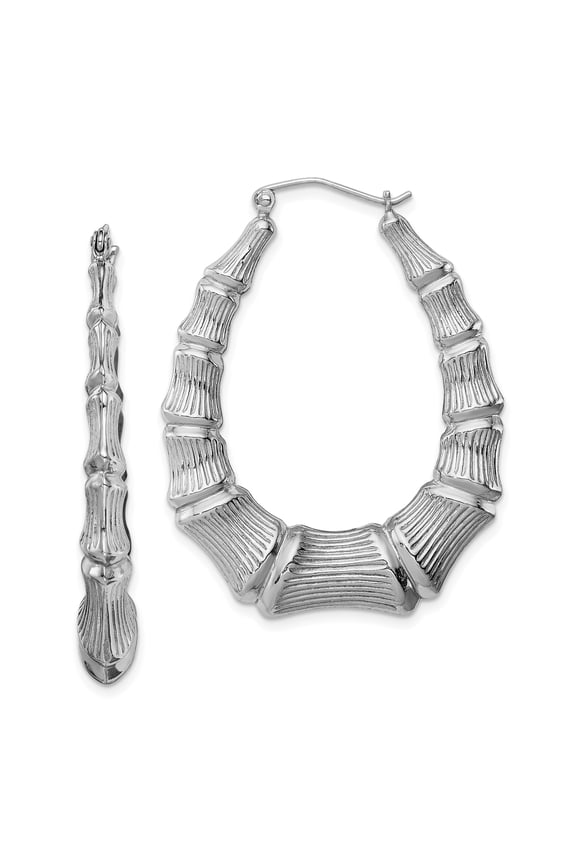 925 Sterling Silver Rhodium-plated Oval Bamboo Hoop Earrings