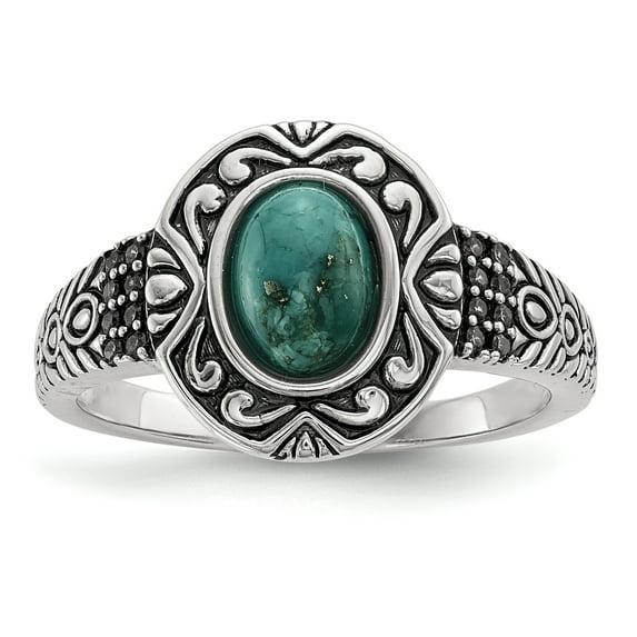 925 Sterling Silver Rhodium-plated & Oxidized with Recon Turquoise Ring Size 8