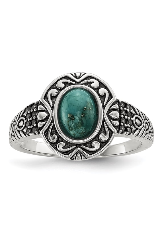 925 Sterling Silver Rhodium-plated & Oxidized with Recon Turquoise Ring Size 8