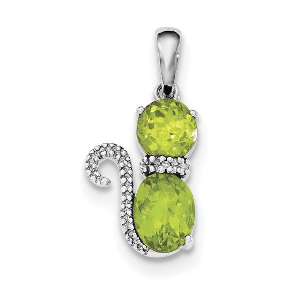 925 Sterling Silver Rhodium-plated Peridot and Diamond Cat Pendant / Charm