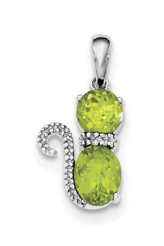925 Sterling Silver Rhodium-plated Peridot and Diamond Cat Pendant / Charm