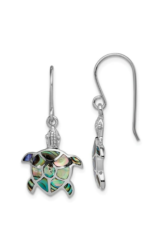 925 Sterling Silver Rhodium-plated Polished Abalone Turtle Dangle Earrings; for Adults and Teens; for Women and Men