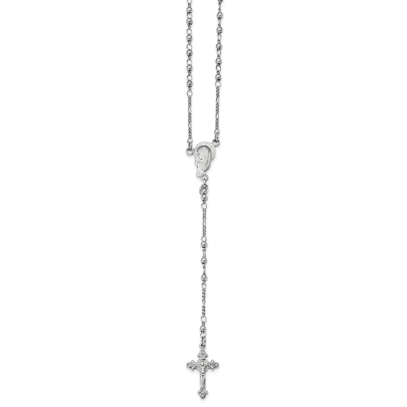 925 Sterling Silver Rhodium-plated Polished Beaded Rosary Necklace