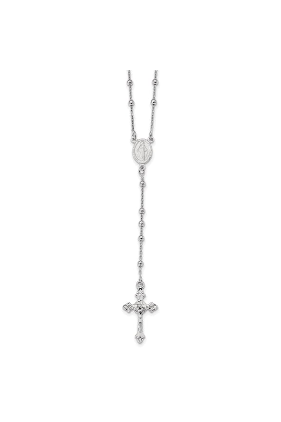 925 Sterling Silver Rhodium-plated Polished Beaded Rosary Necklace