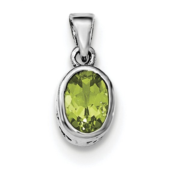 925 Sterling Silver Rhodium-plated Polished Peridot Oval Pendant / Charm