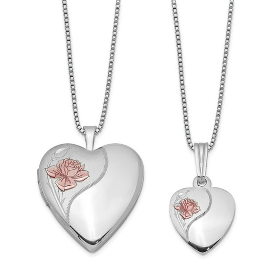 925 Sterling Silver Rhodium-plated Polished and Satin Rose Heart Locket & Pendant Set