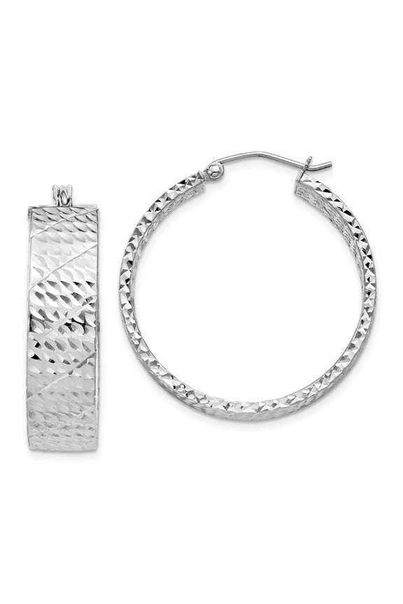 925 Sterling Silver Rhodiumed 7.75mm x 30mm Diamond Cut Hammered Hoop Earrings