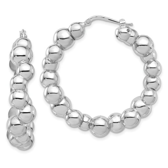 925 Sterling Silver Rhodiumed Women's 9mm x 42mm Wavy Bubble Bead Hoop Earrings