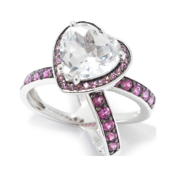 925 Sterling Silver Rhodolite Garnet, White Topaz Ring