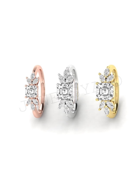 925 Sterling Silver Ring with 14K Yellow Gold Plating Asscher Cut Diamond Engagement Ring – Leaf Cluster Design – Nature Inspired Bridal Ring – Solitaire Promise Ring for Her