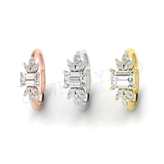 925 Sterling Silver Ring with 14K Yellow Gold Plating Emerald Cut Diamond Engagement Ring – Leaf Cluster Design – Nature Inspired Bridal Ring – Solitaire Promise Ring for Her