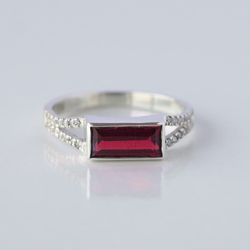925 Sterling Silver Ring, Baguette Ruby Split Band Ring, Diamond