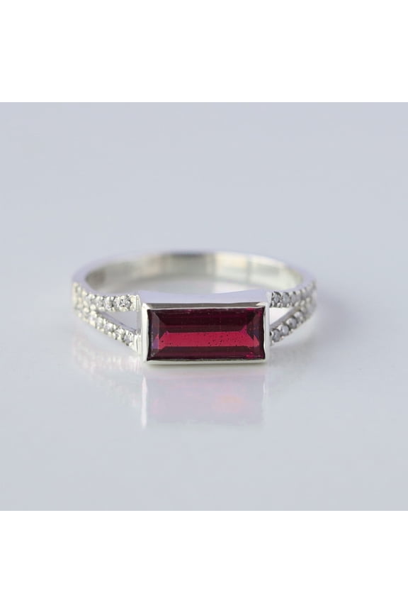 925 Sterling Silver Ring, Baguette Ruby Split Band Ring, Diamond Engagement Ring, Anniversary Ring, Double Band Ring.