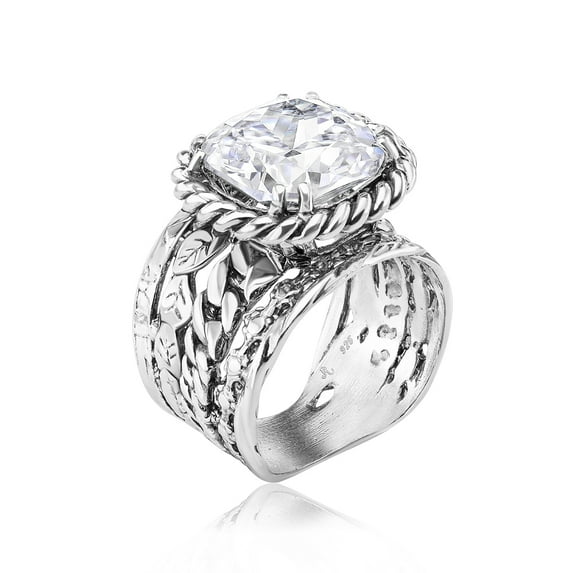 925 Sterling Silver Ring With Cushion Cubic Zirconia CZ, Multi Textured, Vintage Look Stylish Hypoallergenic, Nickel and Lead-free, Artisan Handcrafted Designer Collection Made in Israel (Size 5-11)