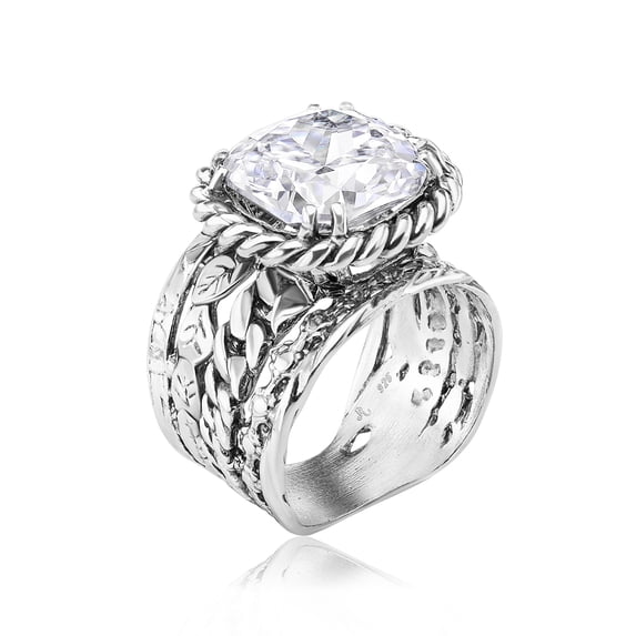 925 Sterling Silver Ring With Cushion Cubic Zirconia CZ, Multi Textured, Vintage Look Stylish Hypoallergenic, Nickel and Lead-free, Artisan Handcrafted Designer Collection Made in Israel (Size 5-11)