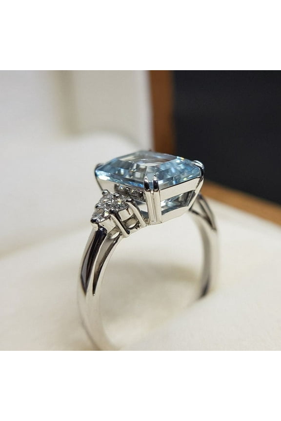 925 Sterling Silver Ring Emerald Cut Natural Aquamarine Ring March Birthstone Ring Moissanite Accented Anniversary Gift Ring For Women