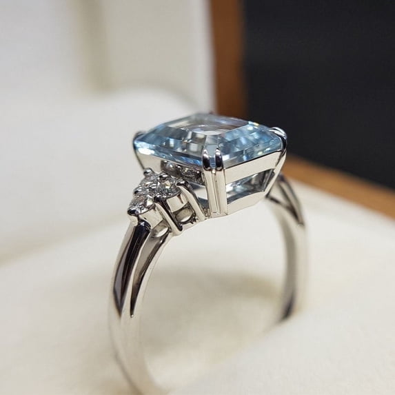 925 Sterling Silver Ring Emerald Cut Natural Aquamarine Ring March Birthstone Ring Moissanite Accented Anniversary Gift Ring For Women