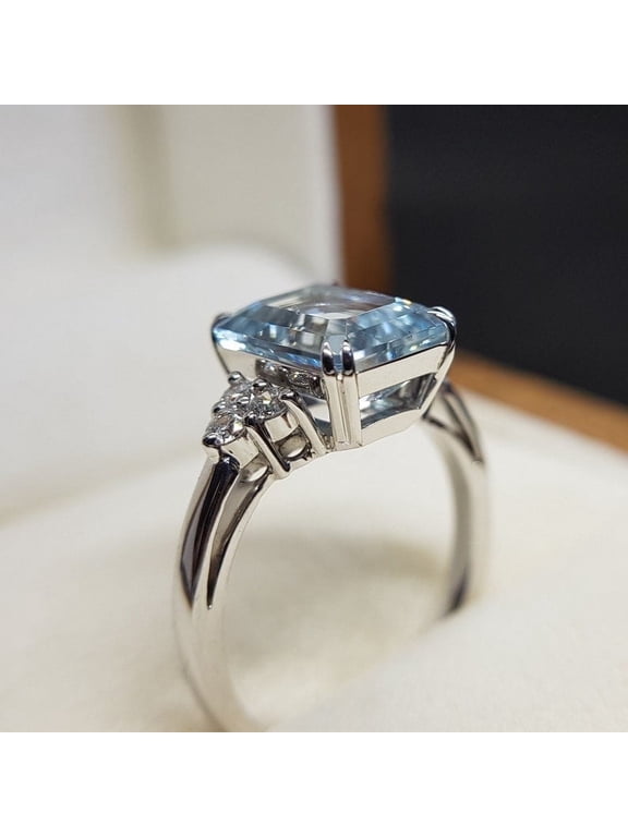 925 Sterling Silver Ring Emerald Cut Natural Aquamarine Ring March Birthstone Ring Moissanite Accented Anniversary Gift Ring For Women