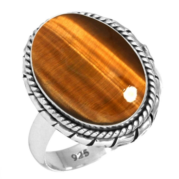 925 Sterling Silver Ring For Women - Girls Brown Real Tiger Eye Gemstone Silver Ring Size 9 June Birthstone Simple Silver Ring Size 9 Wedding Gift For Women 925 Silver Gemstone Jewelry