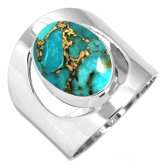 925 Sterling Silver Ring For Women - Girls Copper Blue Turquoise Gemstone Silver Ring Size 6.5 December Birthstone Boho Silver Ring Size 6.5 Engagement Gift For Women 925 Silver Gemstone Jewelry