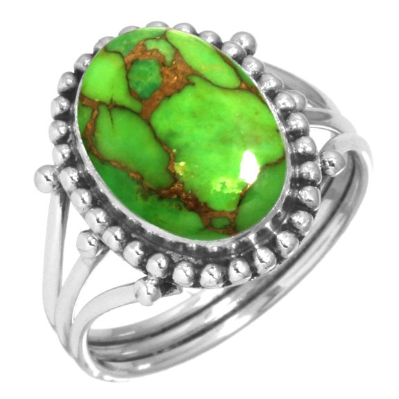 925 Sterling Silver Ring For Women - Girls Copper Green Turquoise Gemstone Silver Ring Size 6.5 Boho Silver Ring Size 6.5 Wedding Gift For Women 925 Silver Gemstone Jewelry