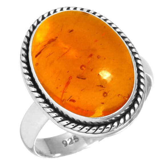 925 Sterling Silver Ring For Women - Girls Orange Amber Gemstone Silver Ring Size 7.5 November Birthstone Boho Silver Ring Size 7.5 Wedding Gift For Women 925 Silver Gemstone Jewelry