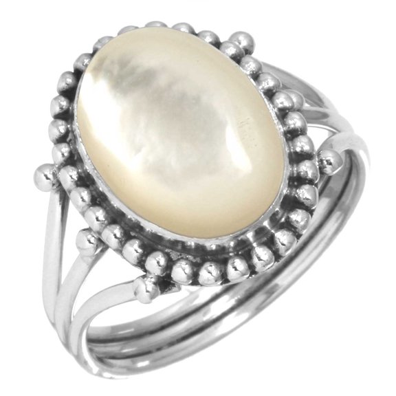 925 Sterling Silver Ring For Women - Girls White Real Mother Of Pearl Gemstone Silver Ring Size 8 April Birthstone Hand Made Silver Ring Size 8 Wedding Gift For Women 925 Silver Gemstone Jewelry