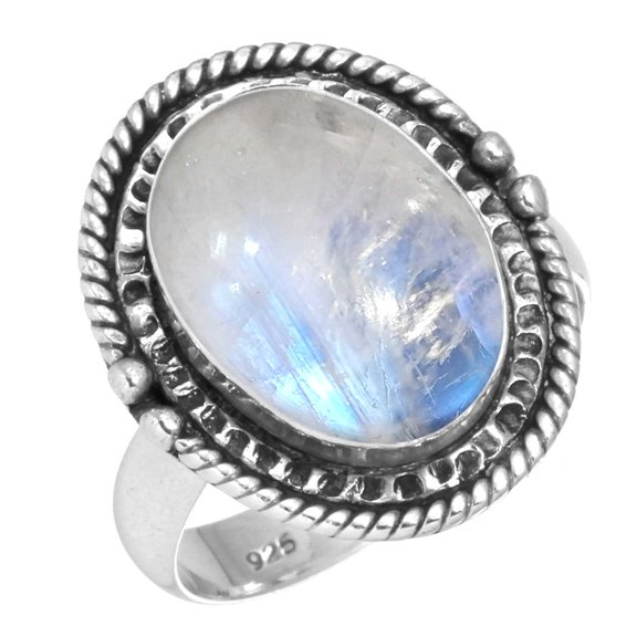 925 Sterling Silver Ring For Women - Girls White Real Rainbow Moonstone Gemstone Silver Ring June Birthstone Fashion Silver Ring Size 9.5 Engagement Gift For Women Gemstone 925 Silver Jewelry
