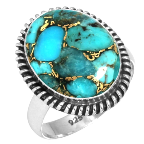925 Sterling Silver Ring For Women - Men Copper Blue Turquoise Gemstone Silver Ring Size 12.5 December Birthstone Fashion Silver Ring Size 12.5 Wedding Gift For Ladies Gemstone 925 Silver Jewelry
