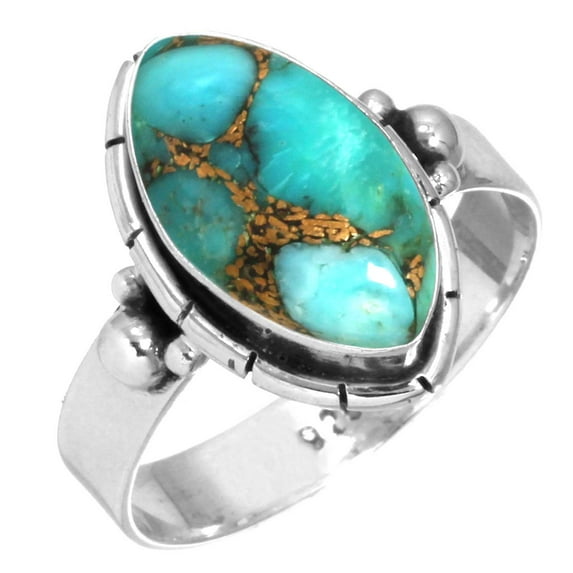 925 Sterling Silver Women Jewelry Copper Blue Turquoise Ring