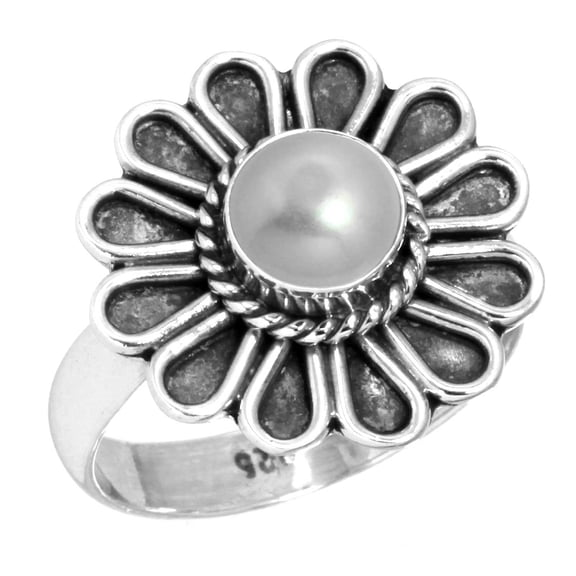 925 Sterling Silver Ring For Women - Men White Freshwater Pearl Gemstone Silver Ring Size 8.5 April Birthstone Boho Silver Ring Size 8.5 Cocktail Party Gift For Wife 925 Silver Gemstone Jewelry