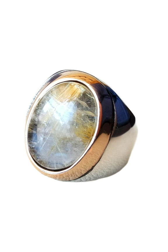 925 Sterling Silver Ring, Golden Rutilated Quartz Mans Ring, Healing Golden Rutile Ring, Designer Man Ring, Gift For Brother, Two Tone Finish Rutilated Quartz Ring, Statement Ring, Signet Ring