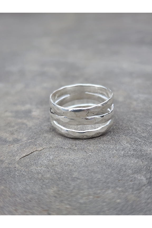 925 Sterling Silver Ring - Handmade Three Layer Hammered Texture Wire Wrap Statement Band for Boho Stacking Jewelry Gift for Her